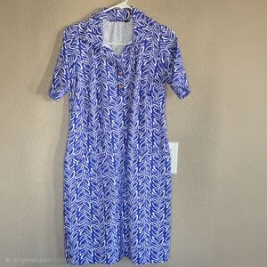 Katherine Way Designer Dress NEW Without Tags Blue & White Leaf Pattern